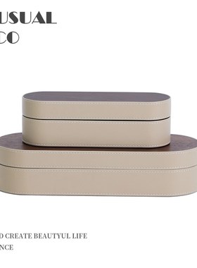 简约现代首饰盒摆件样板房书房皮B革木质装饰首饰盒软装售楼处饰