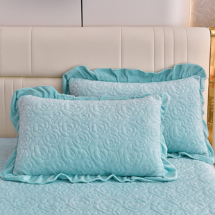公主风纯色夹棉绗缝牛奶绒枕套加厚48Fx74cm枕皮花边枕芯套一对装