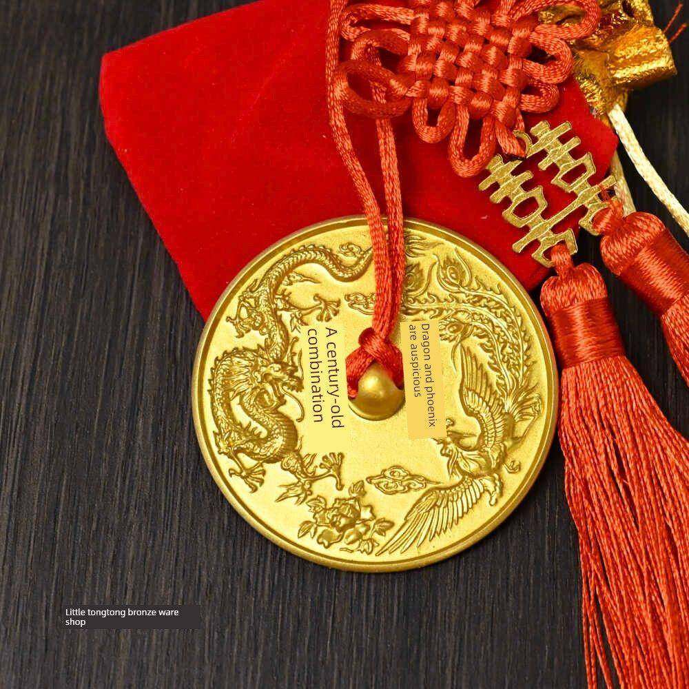新婚礼铜镜挂胸吊带对新娘腰镜龙凤镜婚礼专用纯铜口袋镜