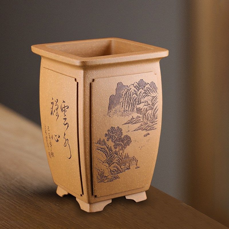 高档精品微景工号全手小高四方凸奎面段泥紫砂盆型花盆名家程兴红