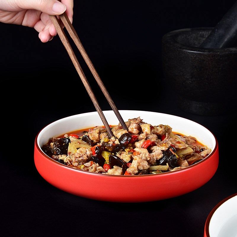 中式哑光红色陶瓷圆形汤盘家用红烧菜碗饭店热菜盘12英寸深口汤碗