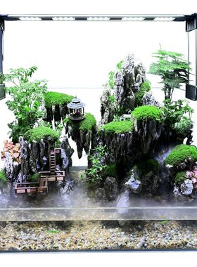 双过滤高清超白玻璃直角鱼缸水陆缸假山造景生态景观成品家居懒人