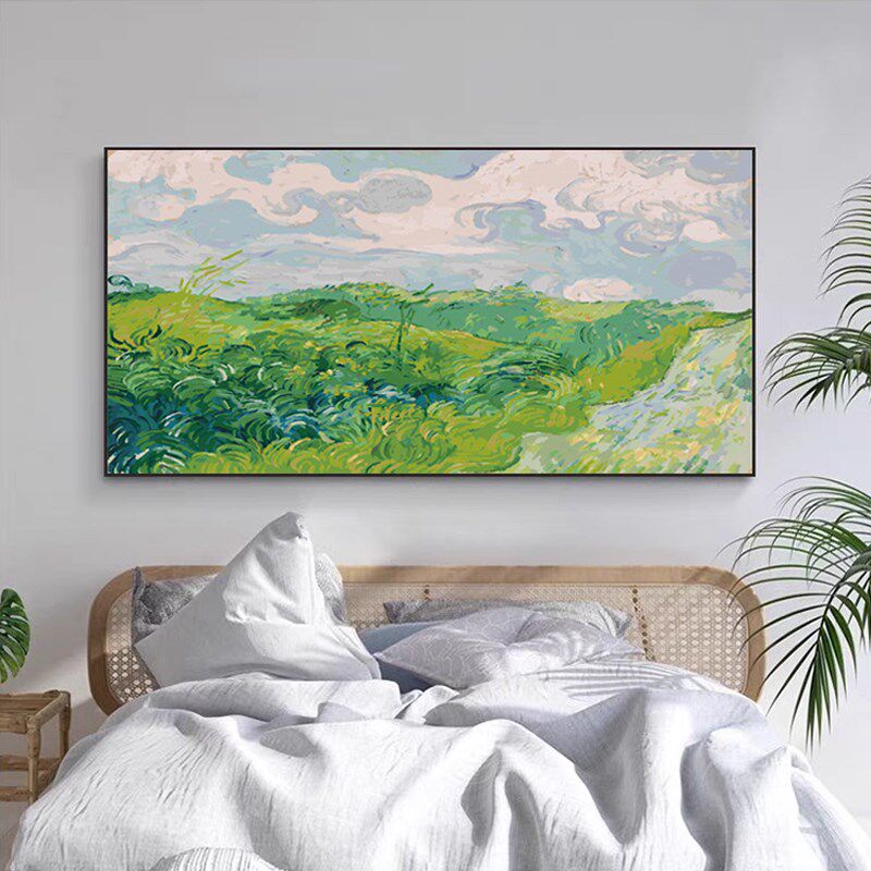 横版梵高绿色麦田DIY数字油画客厅背景墙风景装饰画大幅卧室挂画