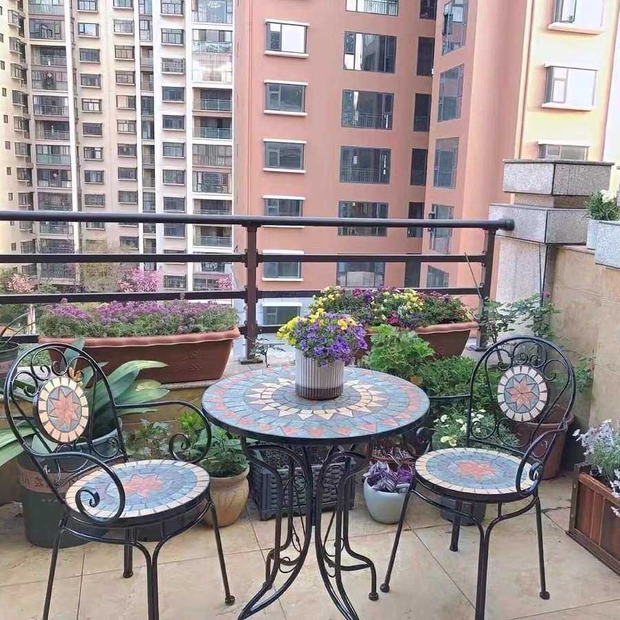 铁艺户外桌椅庭院露天马赛克小茶几阳台创意小圆桌工业风一桌四椅