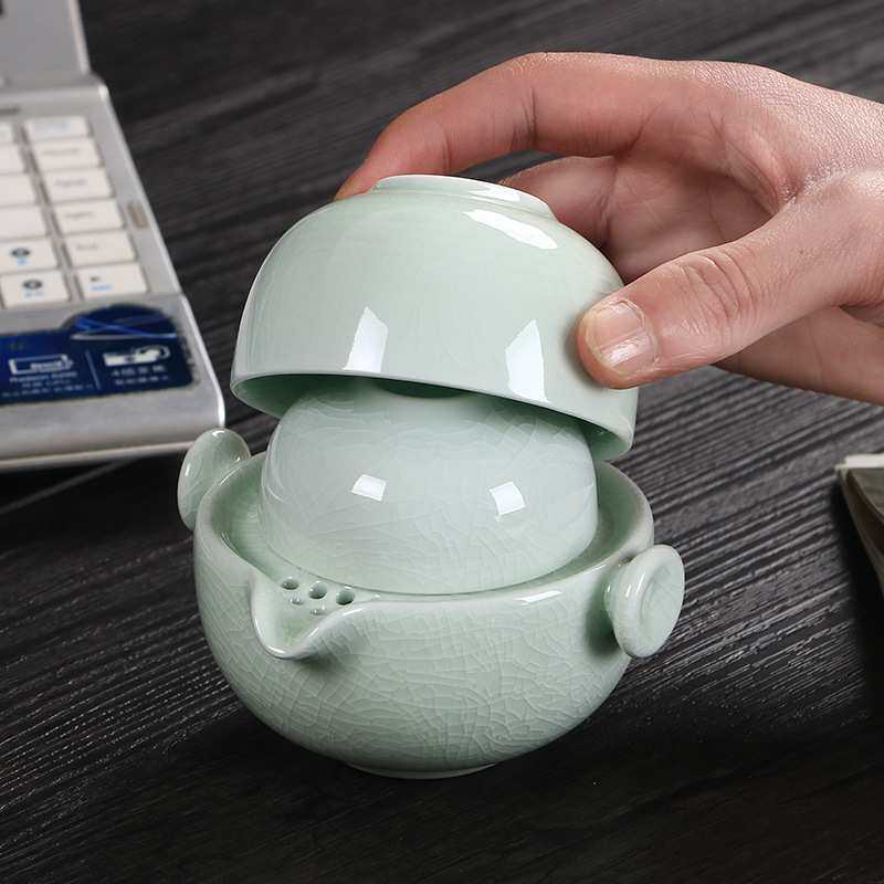 镜清汝窑快客杯一壶一二两杯迷你旅行小茶具套装便携开片户外陶瓷