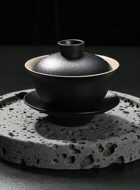 陶瓷三才盖碗单个复古敬茶碗功夫茶具家用泡茶盖杯黑陶不烫手沏茶
