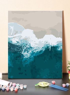 数字油画diy手工填充绿色大海客厅装饰画三联画手绘涂色油彩画画