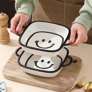 网红陶瓷盘子家用双耳方盘勺子装菜拌沙拉烤盘菜盘创意方盘把柄碗