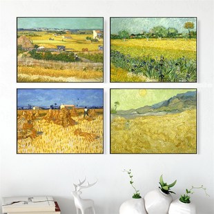 梵高麦田丰收油画玄关壁画客厅装 挂画 饰画样板房墙画餐厅挂画横版