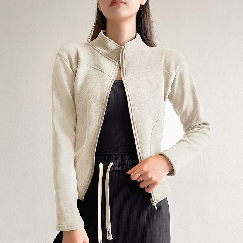 秋冬季外穿修身加绒加厚保暖瑜伽上衣女款立领卫衣羊羔绒短外套女