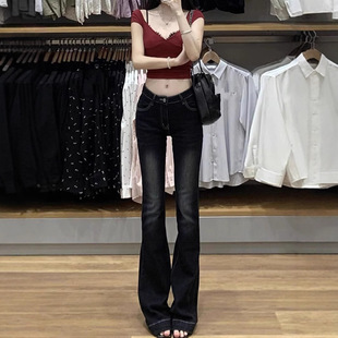 春秋美式复古深蓝色低腰辣妹风微喇牛仔裤紧身马蹄裤女款牛仔裤