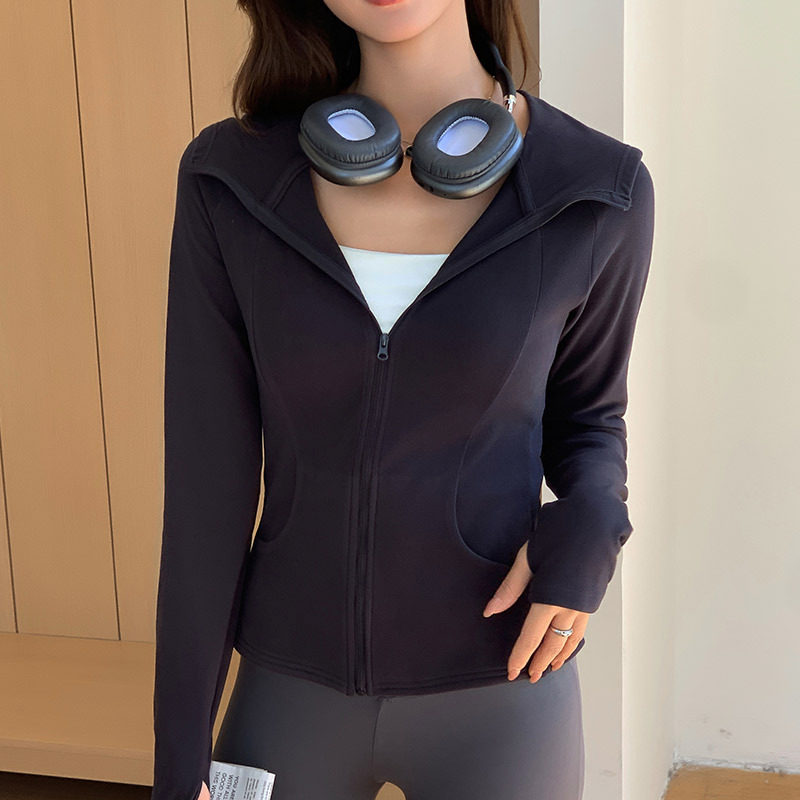 春秋季新款修身收腰瑜伽运动短款上衣拉链开衫连帽卫衣外套女
