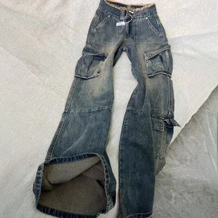 【秋冬】新款美式复古多口袋牛仔工装裤女宽松小个子直筒裤裤子女