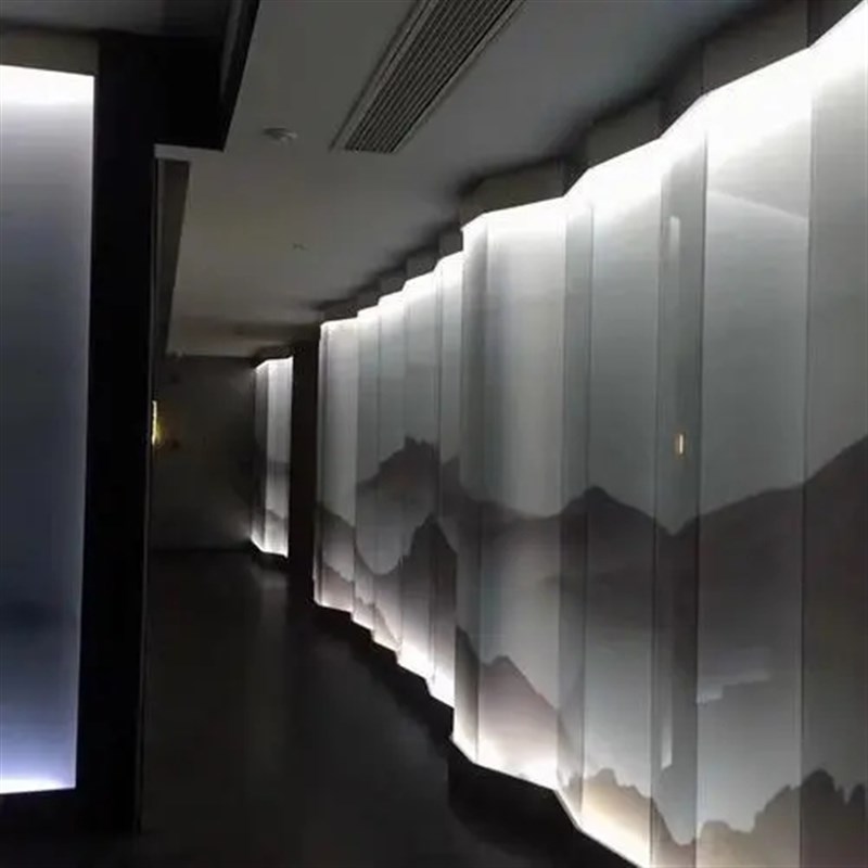 定做超白隔断玄关屏风夹胶艺术玻璃夹丝钢化夹画夹娟工艺连绵山水