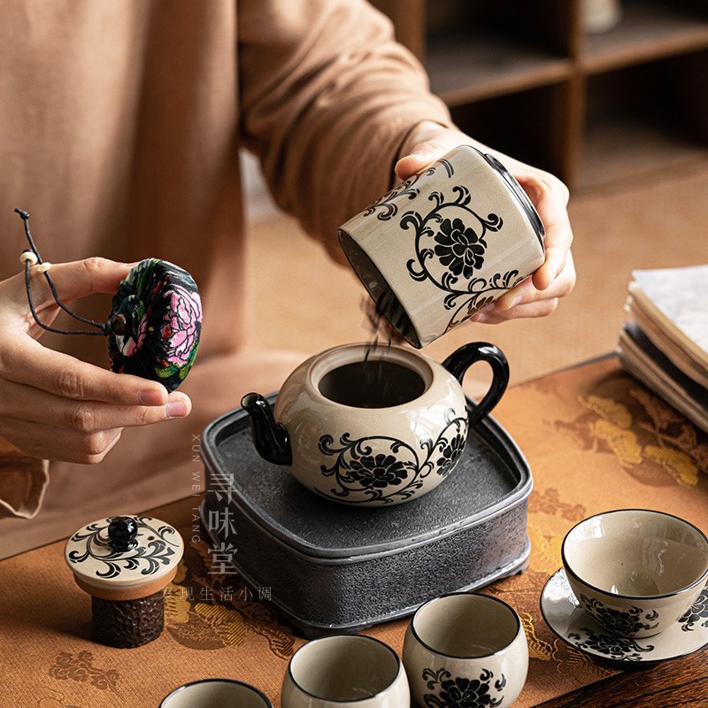 民窑雕花茶壶整套茶具复古磁州窑青灰釉陶瓷功夫茶器礼盒套装