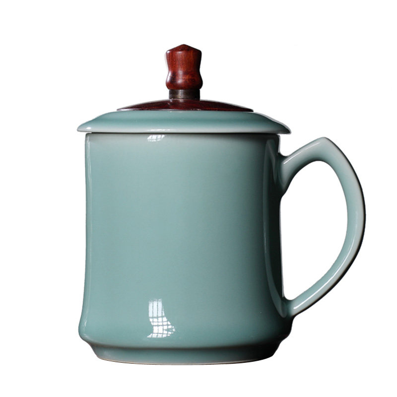 青瓷大号茶杯陶瓷杯子带盖茶杯水杯办公杯酒店会议室泡茶杯子
