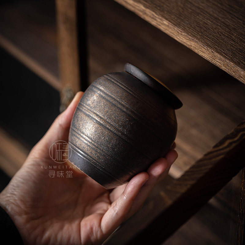 古铜釉粗陶小茶叶罐复古鎏金铁锈釉小号密封储茶罐木盖陶瓷茶具