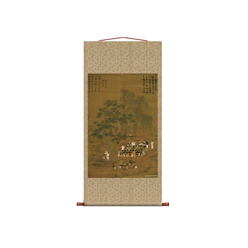 宋徽宗赵佶文会图挂轴条幅卷品花迹画名画真鸟复制轴玄关挂画