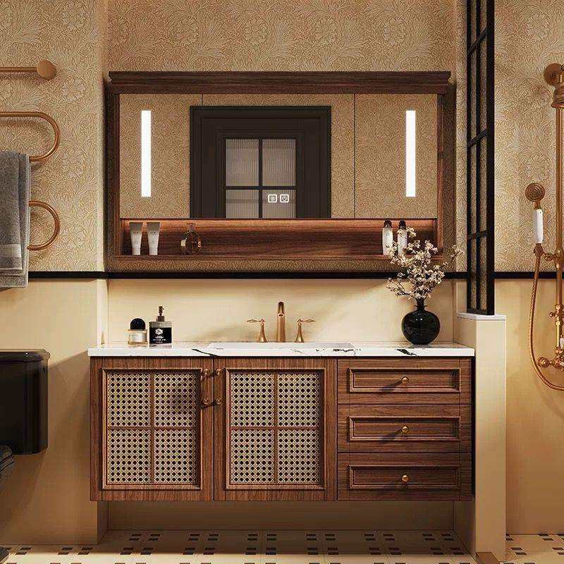复古编藤陶瓷一体盆中古风浴室柜实木烤漆洗手台卫生间洗漱台组合