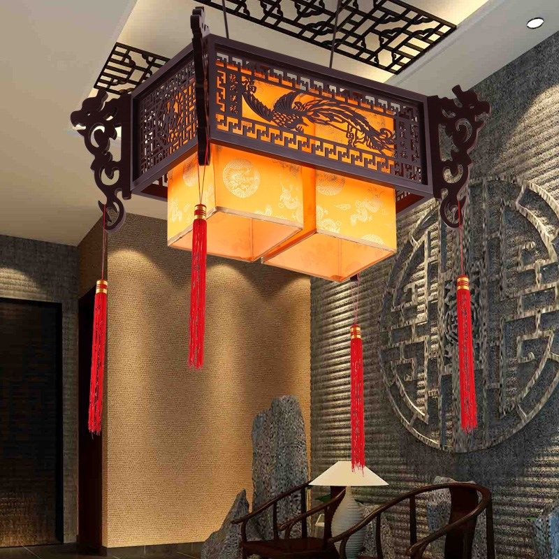 中式复古小吊灯客厅酒店仿古灯茶楼包厢古典火锅店羊皮灯木艺国潮