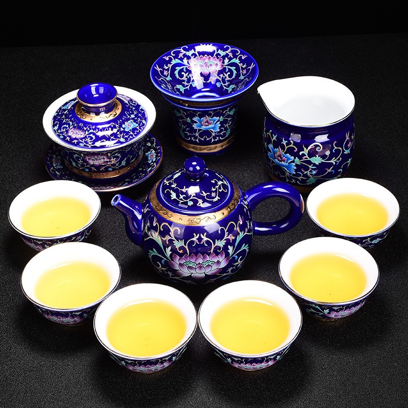 珐琅彩功夫茶具套装 家用珐琅彩 24K金茶壶茶杯茶盘 茶具礼盒套装