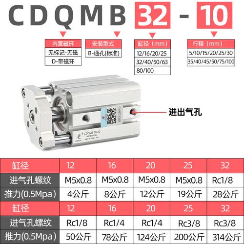 星辰气动三轴0杆带导杆C0QMB12/16/20/25/32/4三/5D/63薄型气缸
