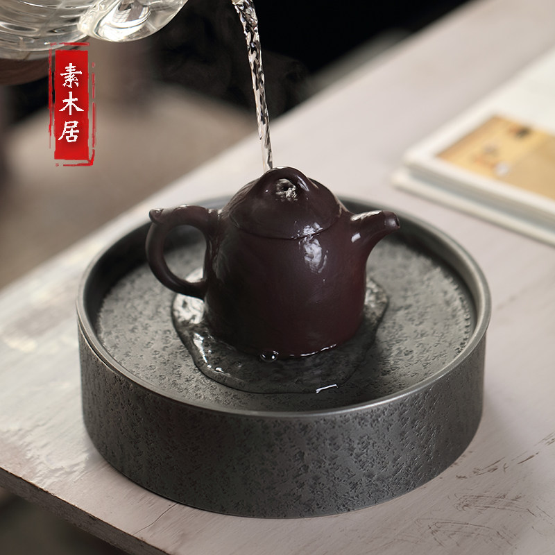 纯锡仿古茶盘手工圆形紫砂壶承干泡盘蓄水式小型茶台家用茶具托盘