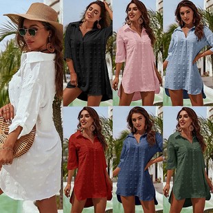 度假比基尼罩衫 新款 宽松沙滩外套头女装 中长款 泳衣外搭 提花衬衣式