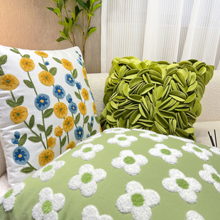 美式田园抱枕绿色花朵枕套客厅天鹅绒床头沙发靠枕飘窗靠垫套靠包