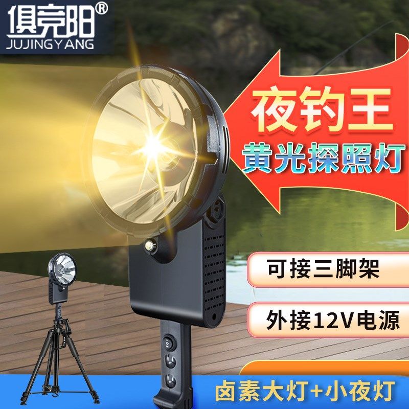 12V夜钓灯户外强光超亮远射黄光卤素手持探照灯车载船用赶海矿灯