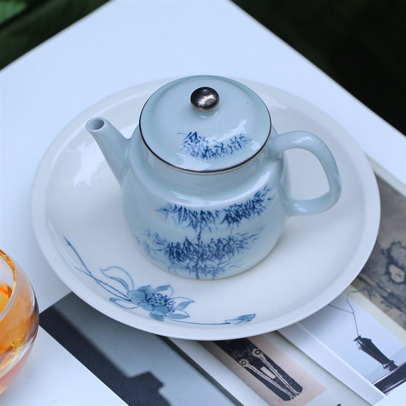 夏禾茶具釉下彩纯手绘竹子茶壶球孔过滤描白金精致青花仿古小品壶