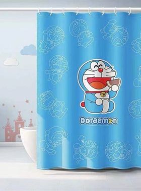 加厚涤纶布防水免打孔卡通可爱挂帘浴室隔断帘套装KT猫挡水浴帘