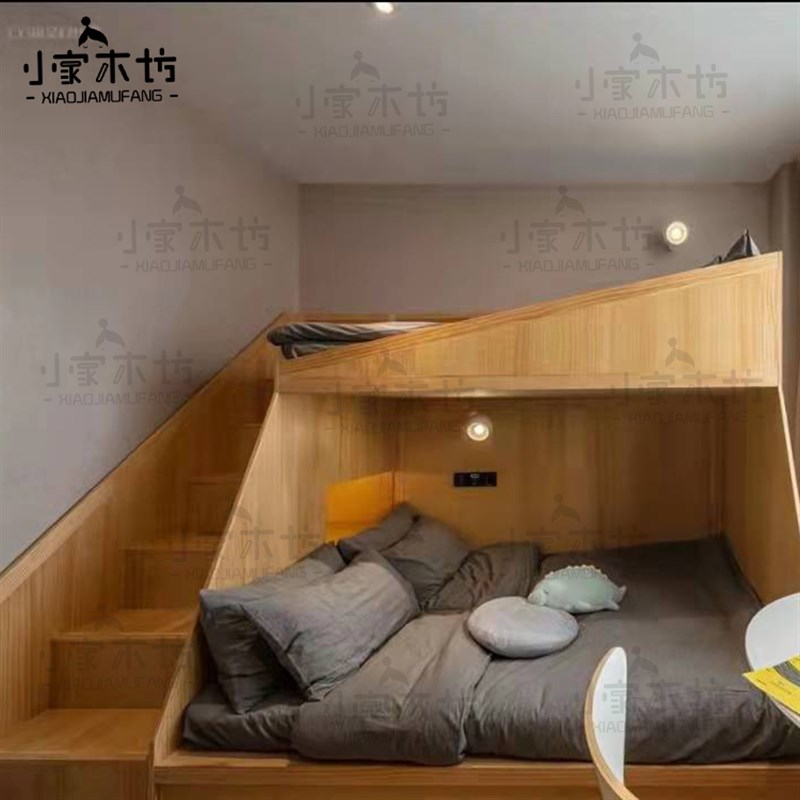 定制双层树屋床原木色上下子母床创意木屋床多功能梯柜组合高低床