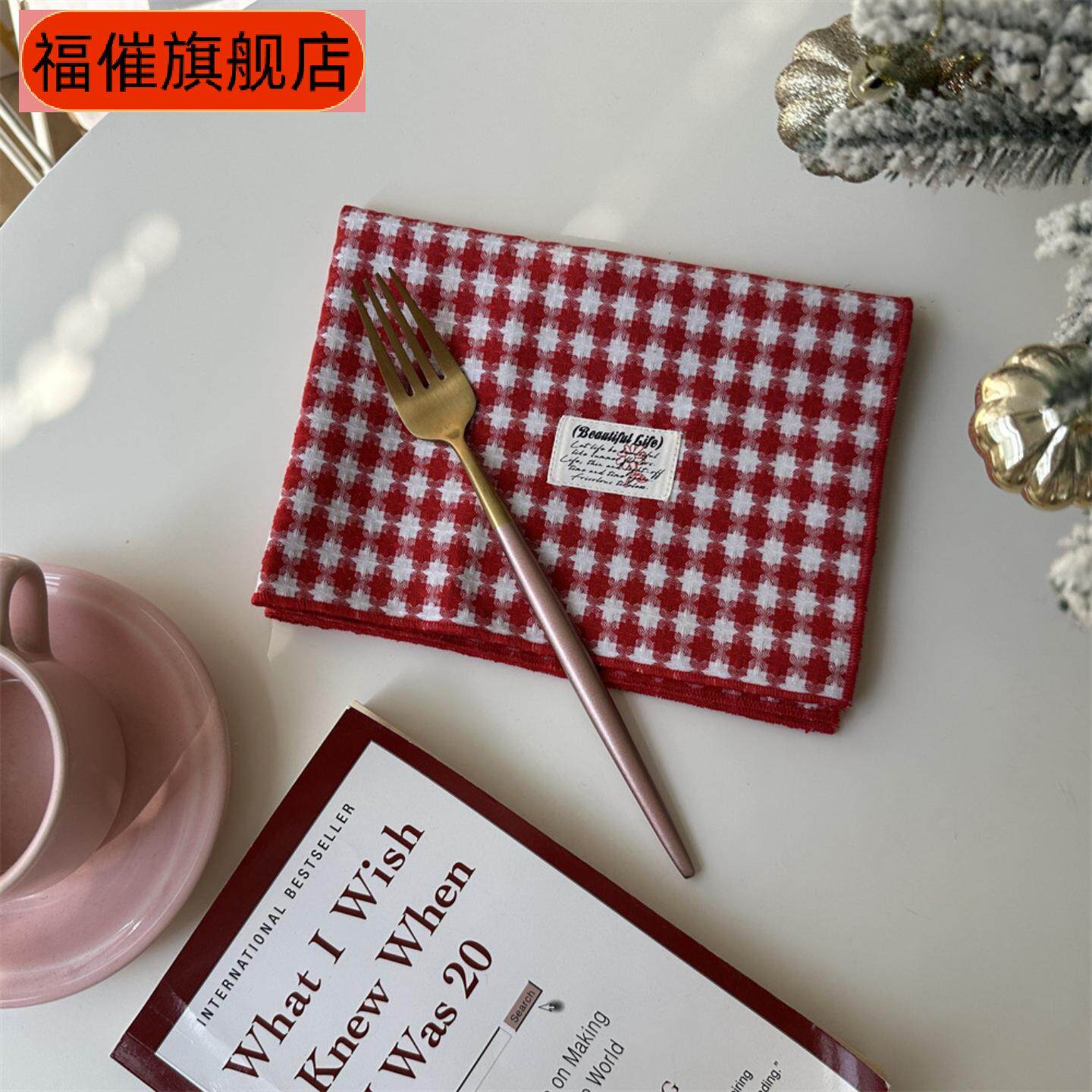 红色圣诞格子提花双面餐巾布艺