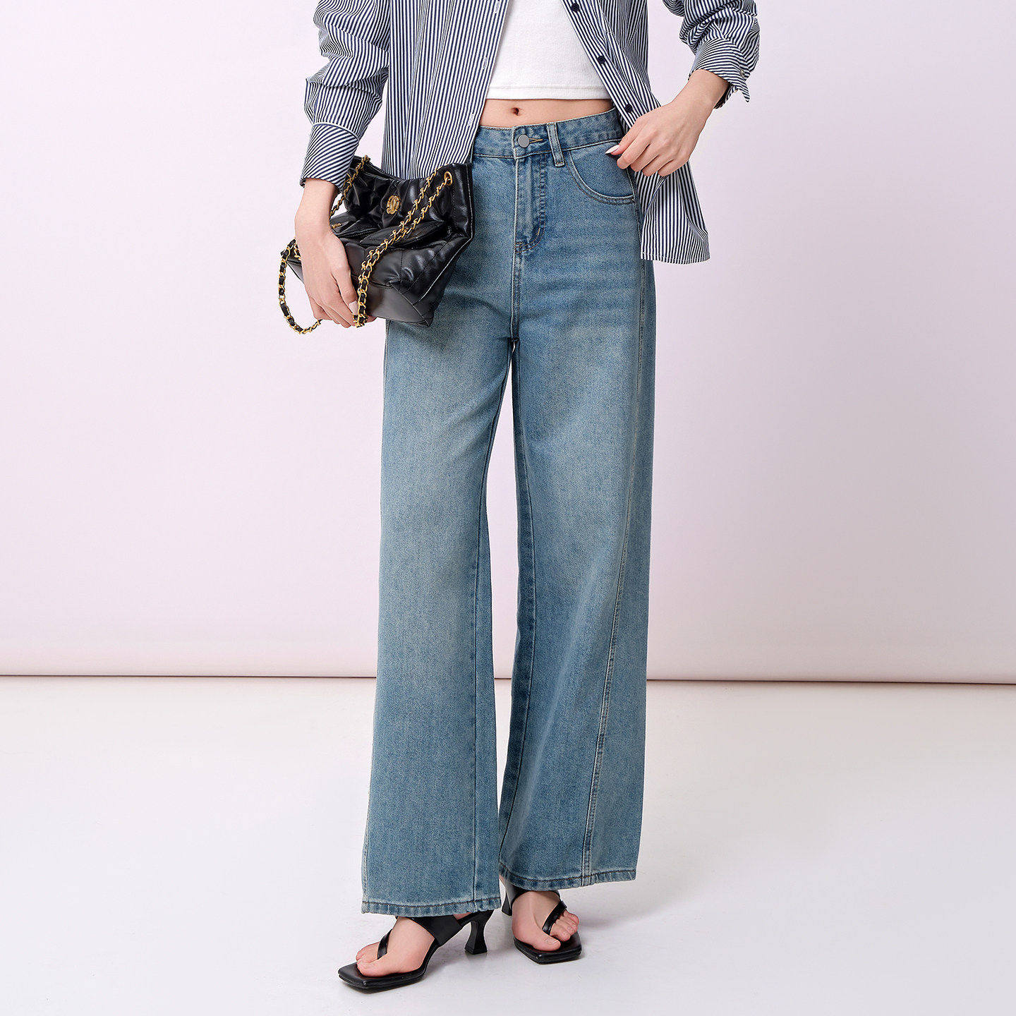 阅涵2026夏季新款复古做旧水洗蓝宽松直筒薄款高腰提臀牛仔裤女