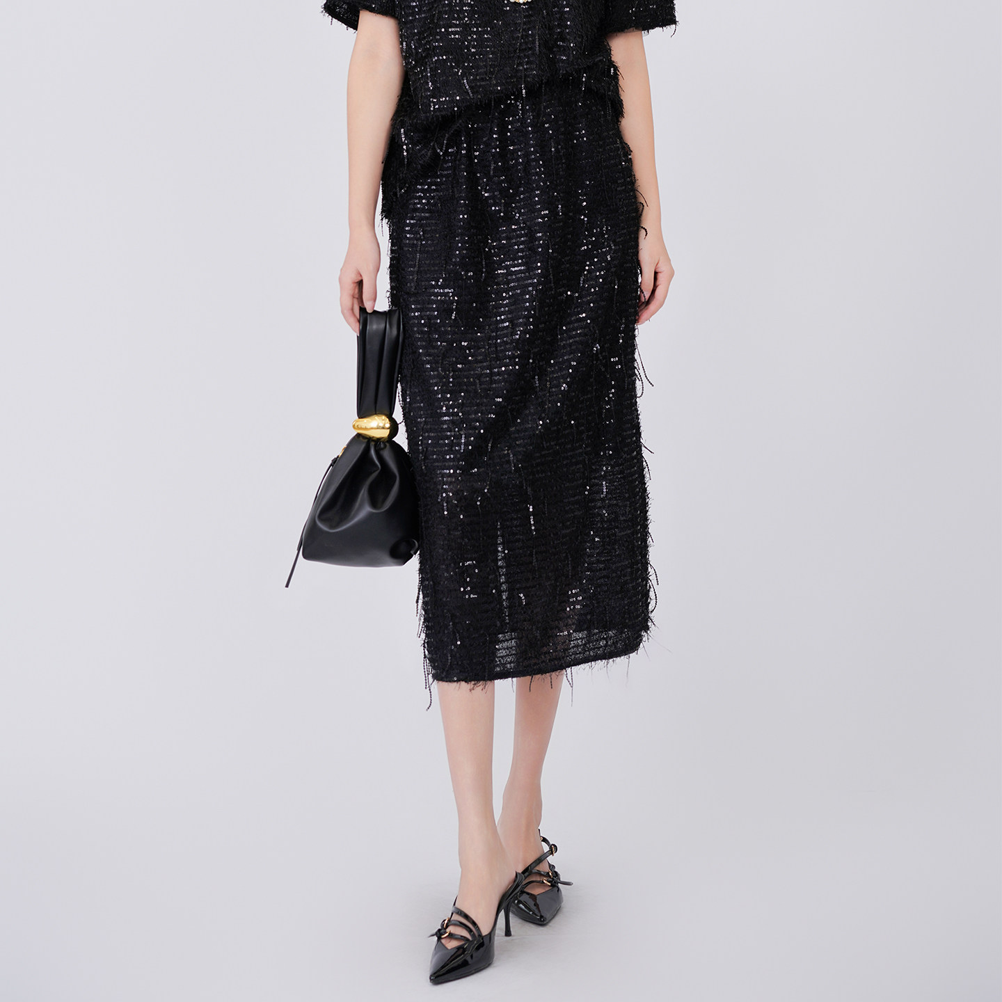 阅涵半身裙2026春季时尚百搭中长款直筒裙黑色亮片半裙小众