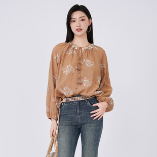 阅涵衬衫长袖2026春季国风灯笼袖复古印花韩版宽松衬衣上衣