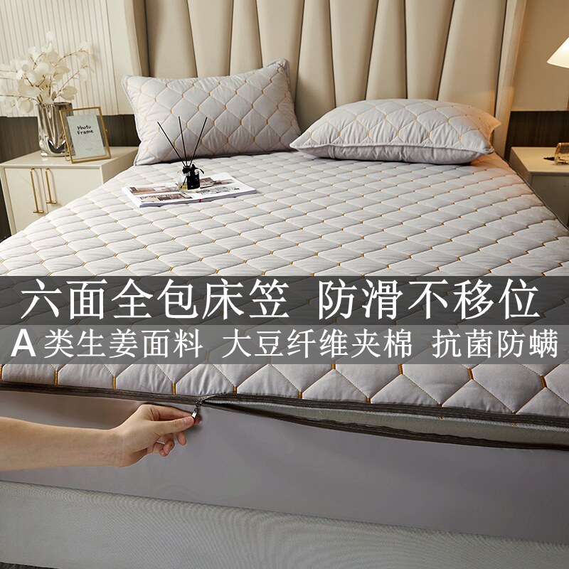 大豆抗菌防螨六面全包床笠保件夹棉加厚床垫梦拉链式席套思单护罩