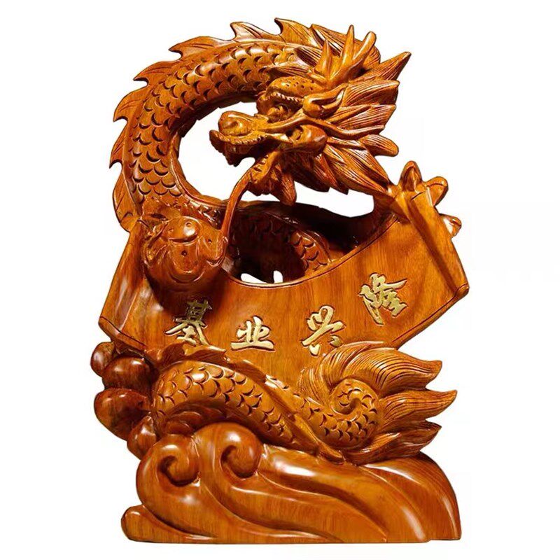 花梨木雕龙摆件实木质双龙戏珠摆设家居玄关办公室装饰工艺品送礼