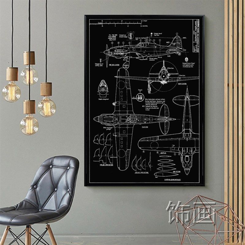 工业风飞机玄关客厅装饰画巨幅黑白蓝底餐厅卧室挂画酒吧巨幅壁画
