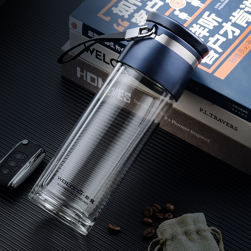 卧龙双层玻璃杯茶水分离水杯耐热加厚带盖带茶隔防烫杯商务便携杯