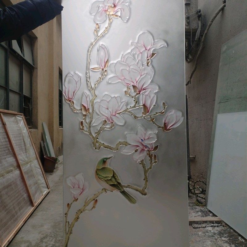 定制钢化艺术玻璃隔断屏风玄关客厅入户门厅玄关隔断玻璃花鸟