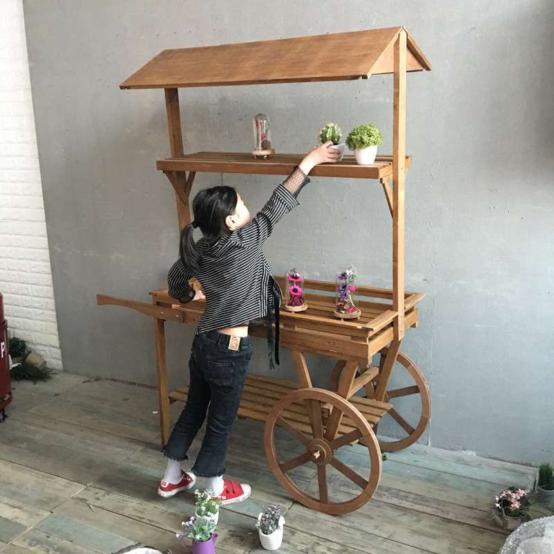 田园花架实木推车置物架阳台收纳架商场创意车户外装饰大