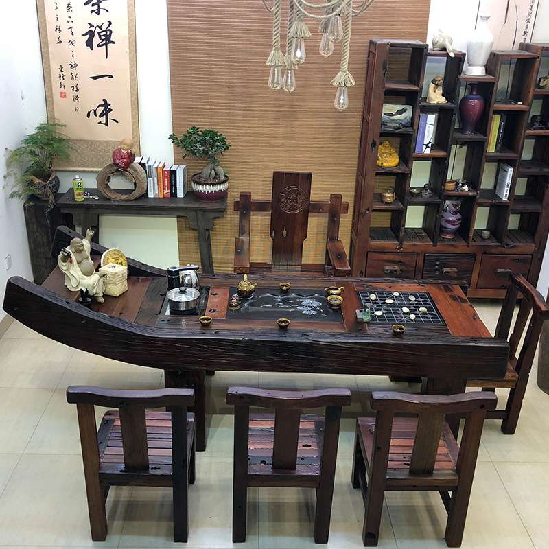 老船木茶桌椅组合 实木茶台茶几 功夫泡茶桌中式仿古茶艺桌原生态