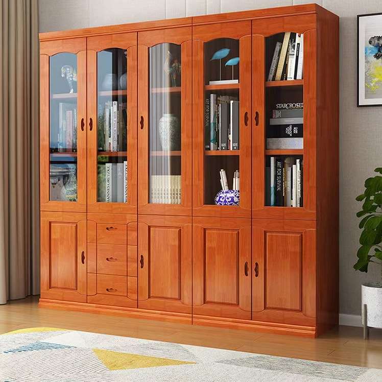 新中式实木书柜二门三门自由组合带玻璃门书橱书房柜子储物柜