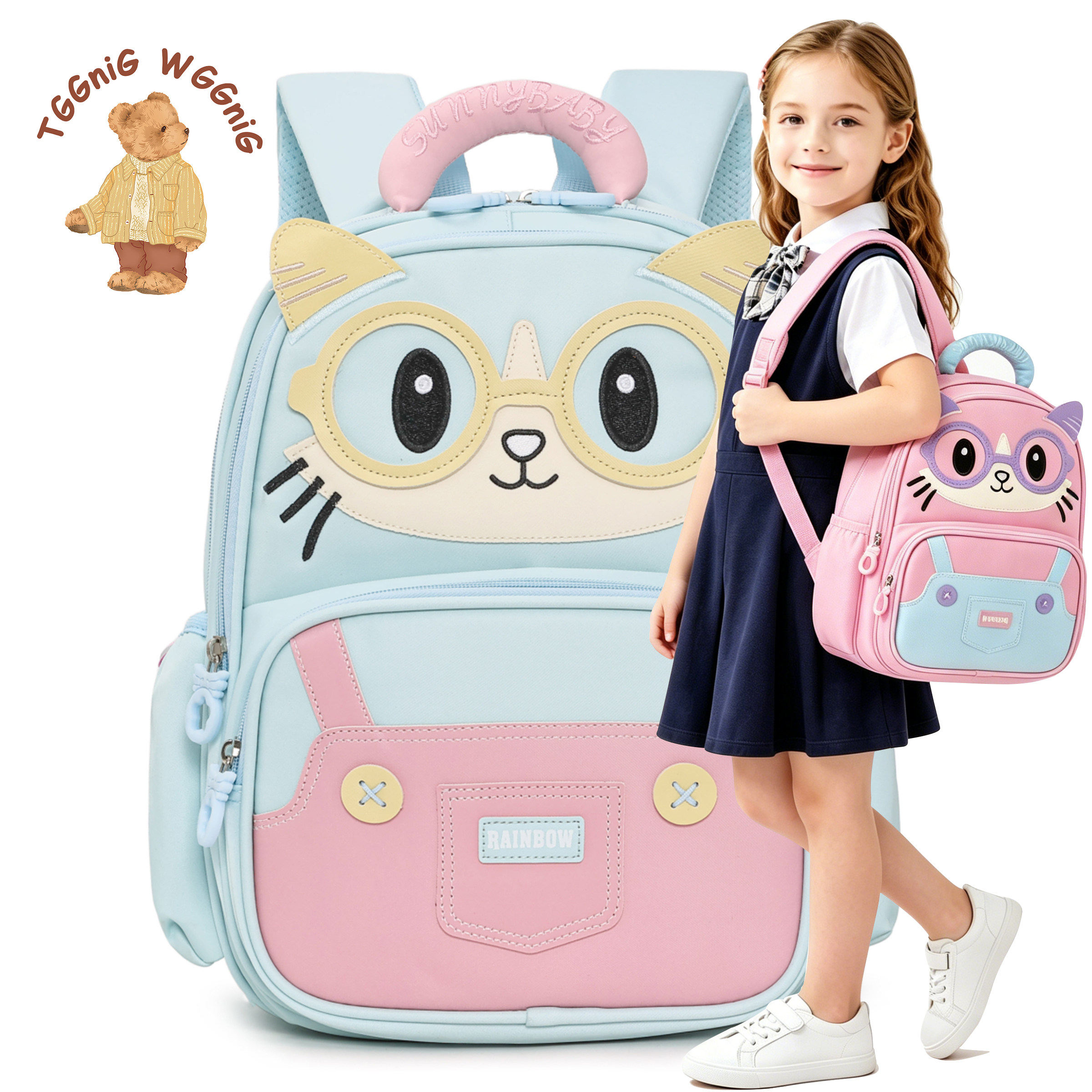 TGGNIG WGGNIG卡通猫咪双肩背幼儿园学生大容量撞色书包儿童背包