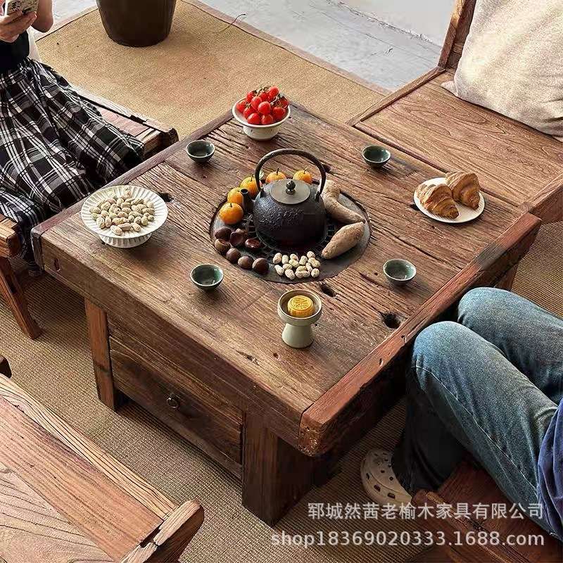 新款老榆木冰茶桌便捷户外野炊露营喝茶烧烤桌椅可折叠火锅桌炕桌