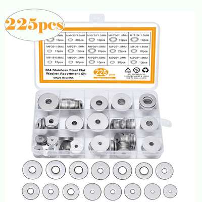 225pcs304不锈钢加大平垫圈套装非标平垫圈O型垫圈M3-M12螺丝套装