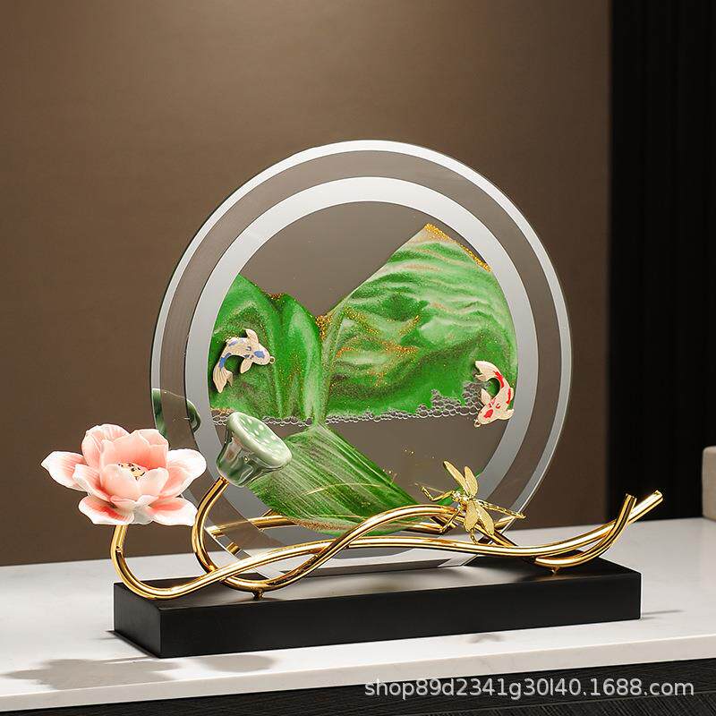 荷塘夜色流沙画摆件高档新中式禅意客厅酒柜电视柜博古架装饰摆设