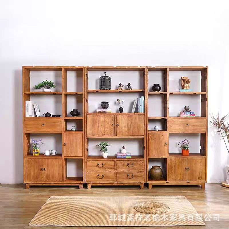 老榆木置物架书架博古架子复古落地展示架中式实木隔断收纳家具